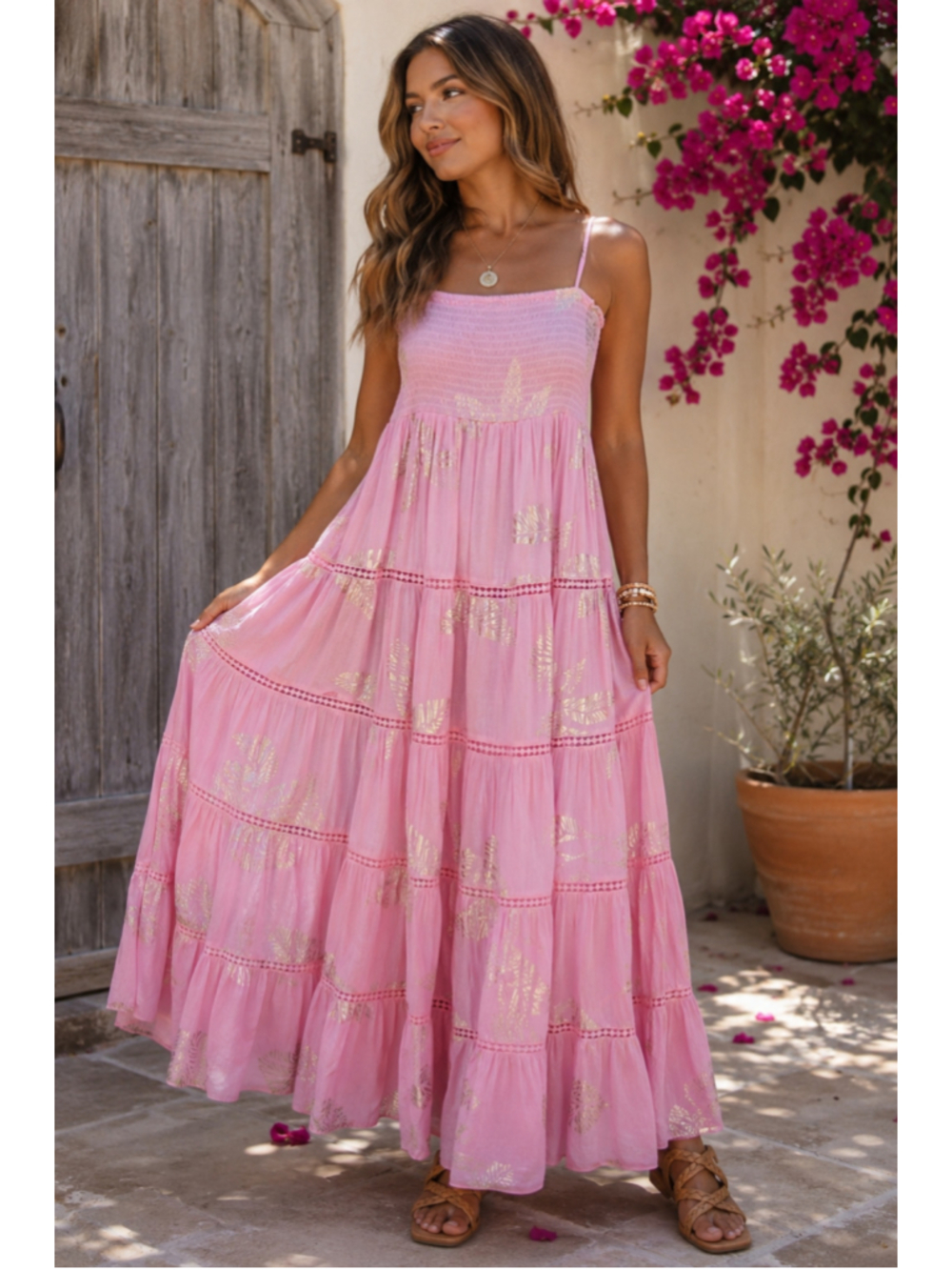 Women's Unbranded Pink and Gold Leaf Print Maxi Dress Size OSFM